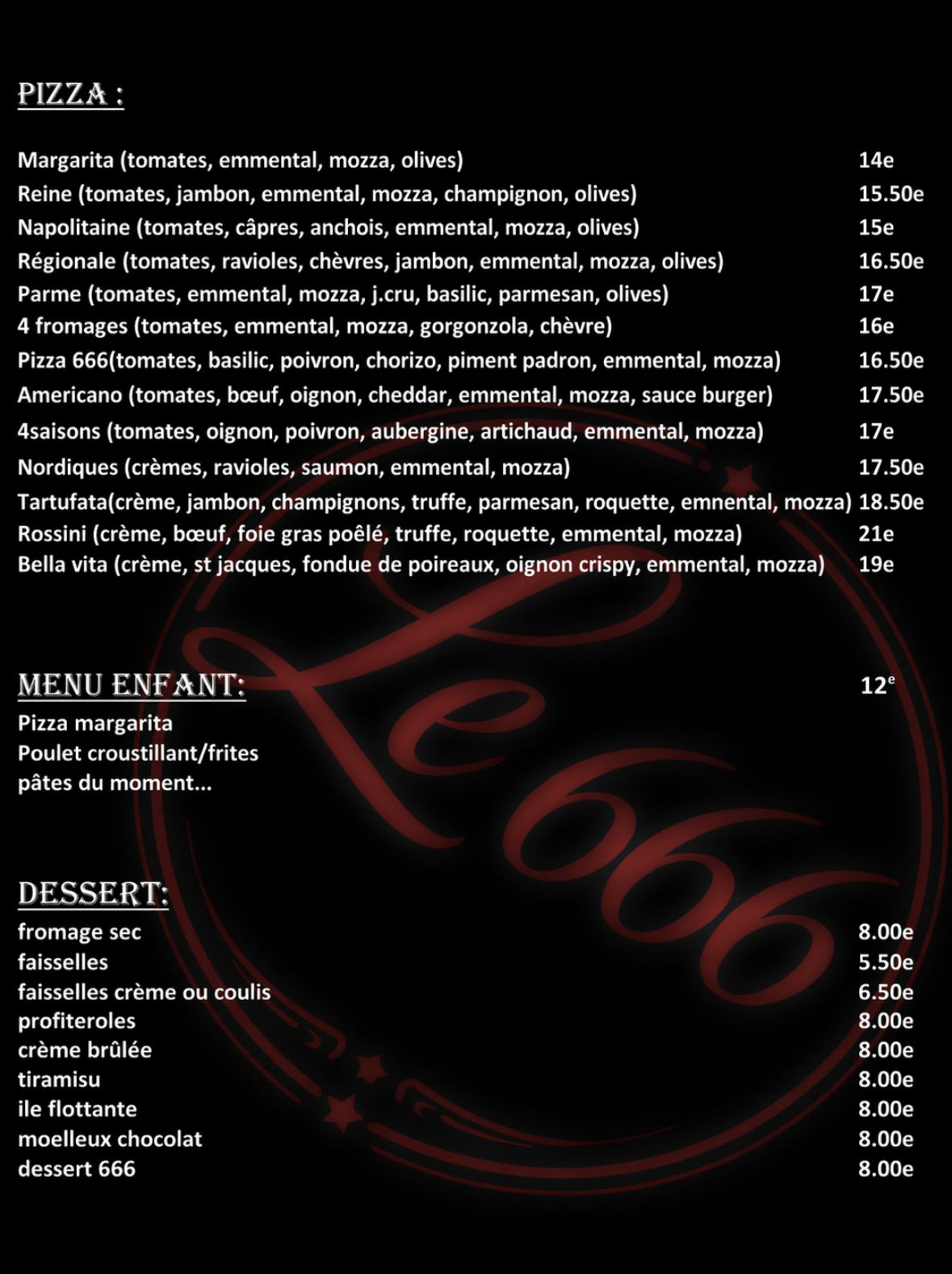 Carte pizza et dessert
