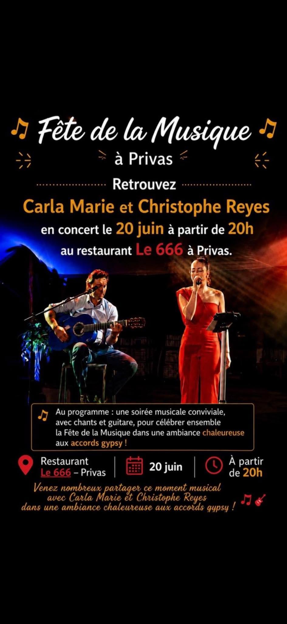 Fête de la Musique – Carla Marie et Christophe Reyes en concert le 20 juin au restaurant Le 666 à Privas