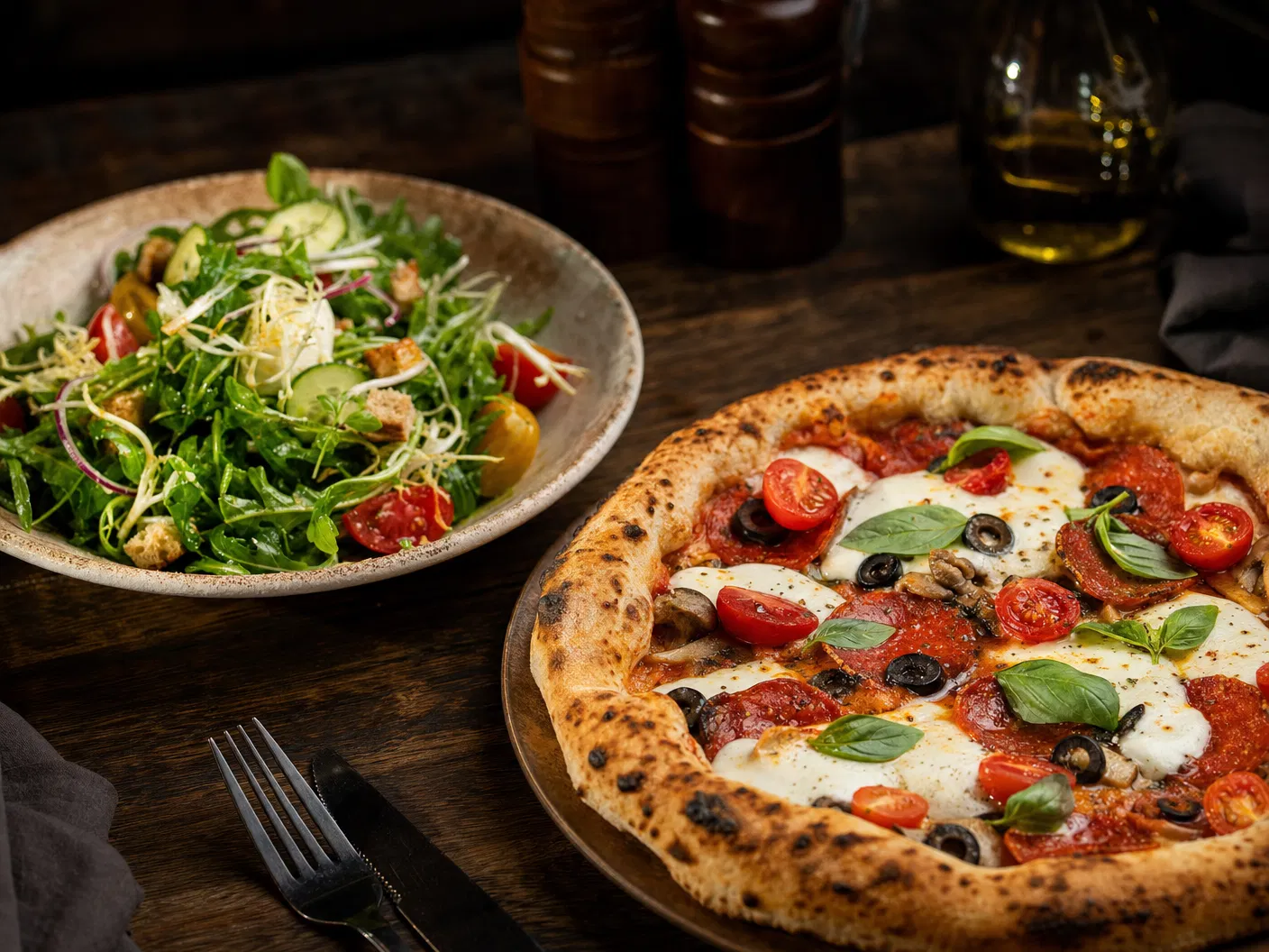 Pizzas et salades